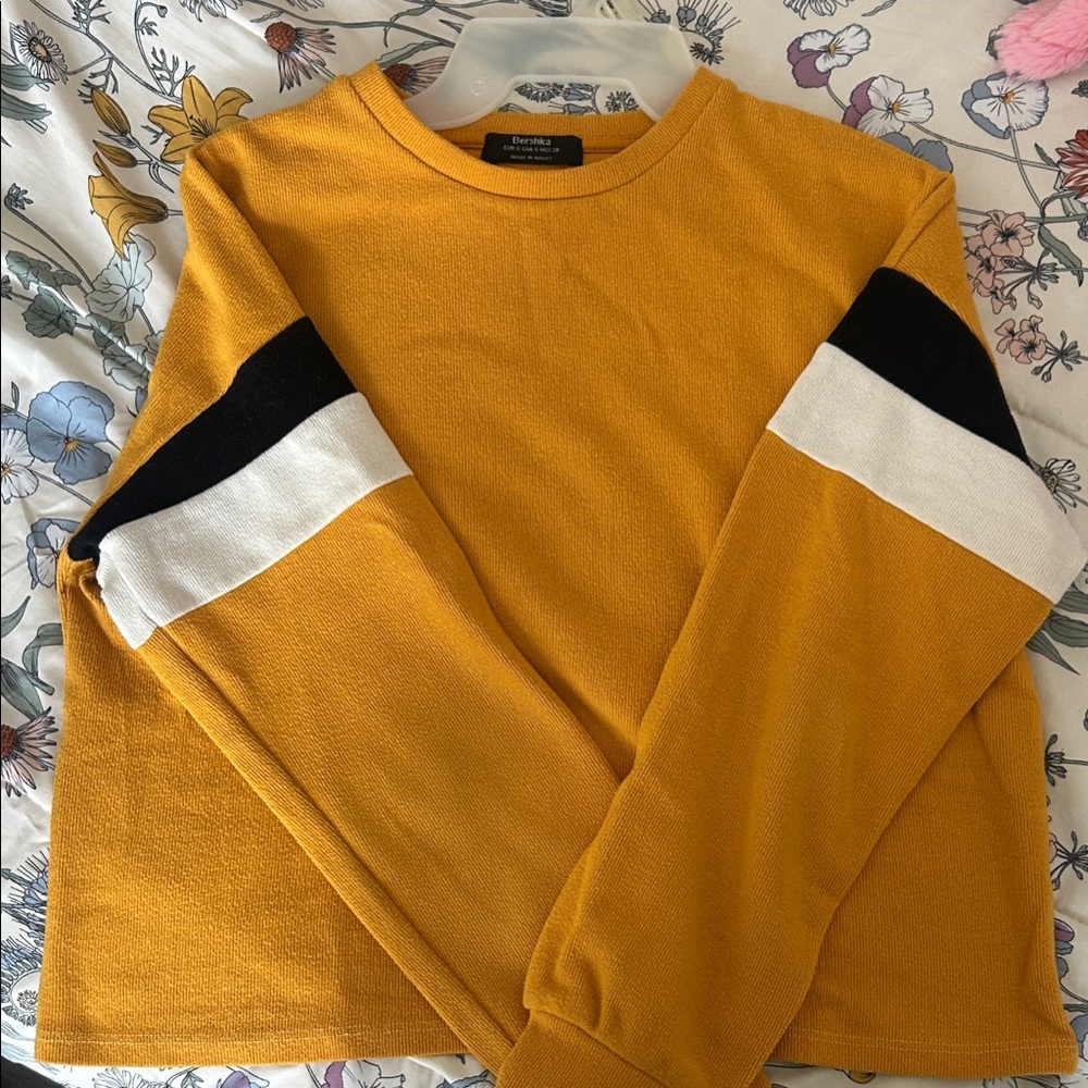 Bershka Yellow Crewneck Sweater with Black and White Stripes
